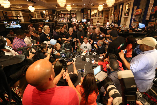 Timothy Bradley's trainer Teddy Atlas talks to journalists two days before the scheduled fight between Bradley and Manny Pacquiao at the MGM Grand Hotel in Las Vegas, April 7, 2016. Atlas said Bradley is ready to take his shot at cementing his legacy come Saturday, April 9 (US time.)     PHOTO BY REM ZAMORA