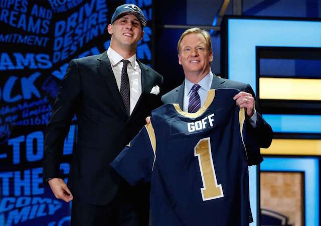 California’s Jared Goff poses for photos with NFL commissioner Roger Goodell after being selected by the Los Angeles Rams as the first pick in the first round of the 2016 NFL football draft, Thursday, April 28, 2016, in Chicago. AP