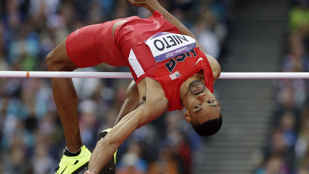 United States' Jamie Nieto clears the bar in the men's high jump final during the athletics in the Olympic Stadium at the 2012 Summer Olympics, London, Tuesday, Aug. 7, 2012. AP