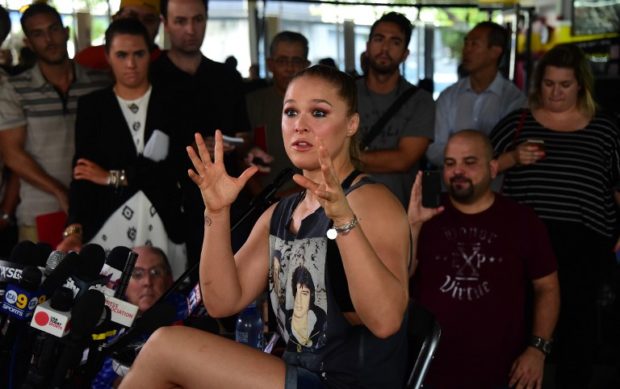 Mixed Martial Arts (MMA) fighter Ronda Rousey  responds to questions during  media Day in Glendale, California on October 27, 2015 ahead of her November 14 fight in Melbourne, Australia against Holly Holm. AFP PHOTO / FREDERIC J. BROWN / AFP PHOTO / FREDERIC J. BROWN
