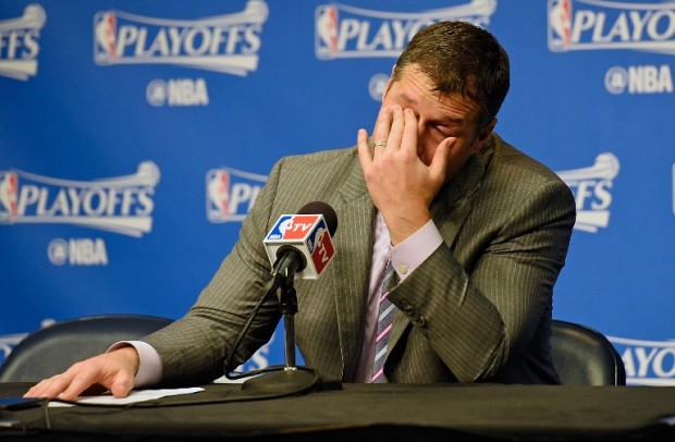 FILE --- Head coach Dave Joerger of the Memphis Grizzlies wipes his eyes during the post game press conference after a 116-95 San Antonio victory over Memphis in Game Four of the First Round of the NBA Playoffs at FedExForum on April 24, 2016 in Memphis, Tennessee. NOTE TO USER: User expressly acknowledges and agrees that, by downloading and or using this photograph, User is consenting to the terms and conditions of the Getty Images License Agreement.   Frederick Breedon/Getty Images/AFP