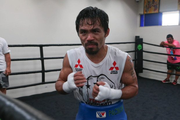 Manny Pacquiao trains inside the Wild Card Gym in Los Angeles, California on Saturday afternoon. Pacquiao and Bradley will be fighting for the third time on April 9 at the MGM Grand Garden Arena in Las Vegas.     PHOTO BY REM ZAMORA