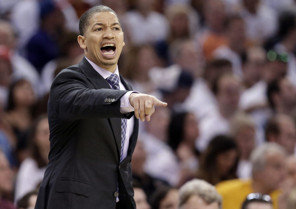 FILE - In this April 17, 2016, file photo, Cleveland Cavaliers head coach Tyronn Lue directs his players during the first half in Game 1 of a first-round NBA basketball playoff series against the Detroit Pistons in Cleveland. No coach in NBA history has started a postseason like Lue, who improved to 10-0 after the Cavaliers rolled over the Raptors in Game 2 of the Eastern Conference finals. (AP Photo/Tony Dejak, File)
