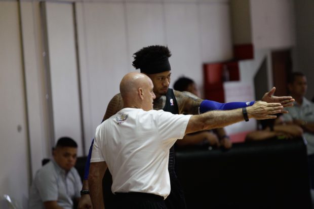 Ray Parks and head coach Tab Baldwin talk during the Gilas Pilipinas practice Wednesday. CONTRIBUTED PHOTO
