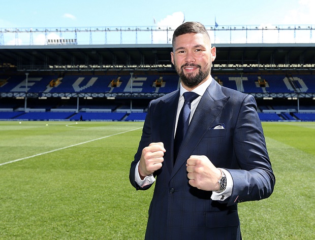Tony Bellew of Britain poses on the pitch after a press conference before his fight against Ilunga Makabu at Goodison Park, Liverpool, England, on Tuesday May 3, 2016. The last time British boxer Tony Bellew fought for a world title, it was in a Hollywood movie but on May 29 he’s about to fight for a real world title, when he takes on Makabu for the vacant WBC world cruiserweight title. (Martin Rickett/PA via AP) UNITED KINGDOM OUT  NO SALES NO ARCHIVE