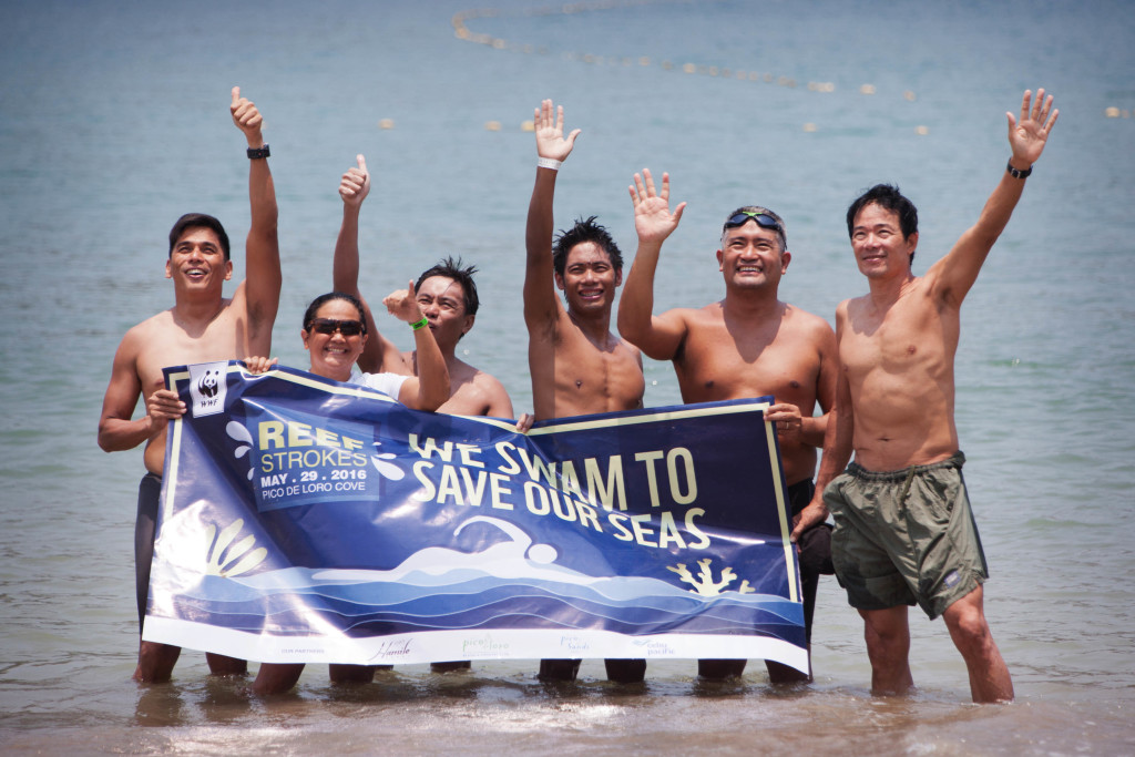 Six open-water athletes swim for the protection of coral reefs and the Verde Island Passage. Photo by WWF Reef Strokes