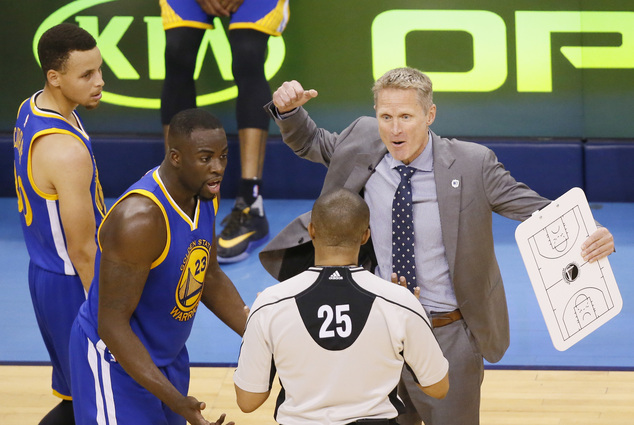 Golden State Warriors head coach Steve Kerr, right, and forward Draymond Green (23) dispute a flagrant foul call on Green in the first half in Game 3 against the Oklahoma City Thunder of the NBA basketball Western Conference finals in Oklahoma City, Sunday, May 22, 2016. AP