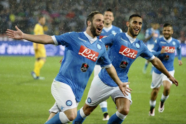 Napoli's Gonzalo Higuain celebrates after scoring during a Serie A soccer match between Napoli and Frosinone, at the Naples San Paolo stadium, Italy, Saturday, May 14, 2016. Ciro Fusco/ANSA via AP