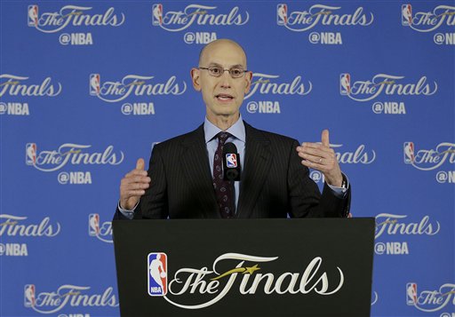 NBA commissioner Adam Silver speaks during a news conference before Game 1 of basketball's NBA Finals between the Golden State Warriors and the Cleveland Cavaliers in Oakland, Calif., Thursday, June 2, 2016. (AP Photo/Jeff Chiu)
