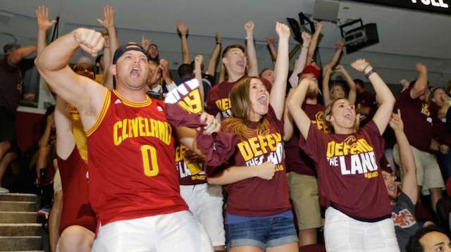 Cleveland Cavaliers fans celebrate during a watch party at Quicken Loans Arena for Game 7 of the NBA basketball Finals between the Cleveland Cavaliers and the Golden State Warriors, Sunday, June 19, 2016, in Cleveland. AP