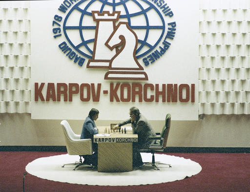 FILE - In this July 20, 1978 file photo, chess players Anatoly Karpov and Victor Korchnoi are seen during their second game in the Philippines. Chess grandmaster Victor Korchnoi, a prominent Soviet defector who saw his citizenship restored by Mikhail Gorbachev in the waning days of the USSR, has died on Monday, June 6, 2016. He was 85. The Russian chess federation says Korchnoi died in Switzerland, where he had lived for decades. (AP Photo/Neal Ulevich, file)