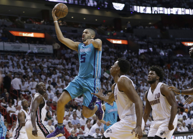 FILE - In this April 17, 2016 file photo, Charlotte Hornets guard Nicolas Batum (5) drives to the basket as Miami Heat center Hassan Whiteside, center, and forward Justise Winslow (20) look on during the first half of an NBA basketball game in Miami.  Batum agreed to terms on a five-year, $120 million contract with the Hornets early Friday, July 1, a person with knowledge of the situation told The Associated Press. The person spoke on condition of anonymity because the deal cannot be signed until July 7. (AP Photo/Lynne Sladky, file)