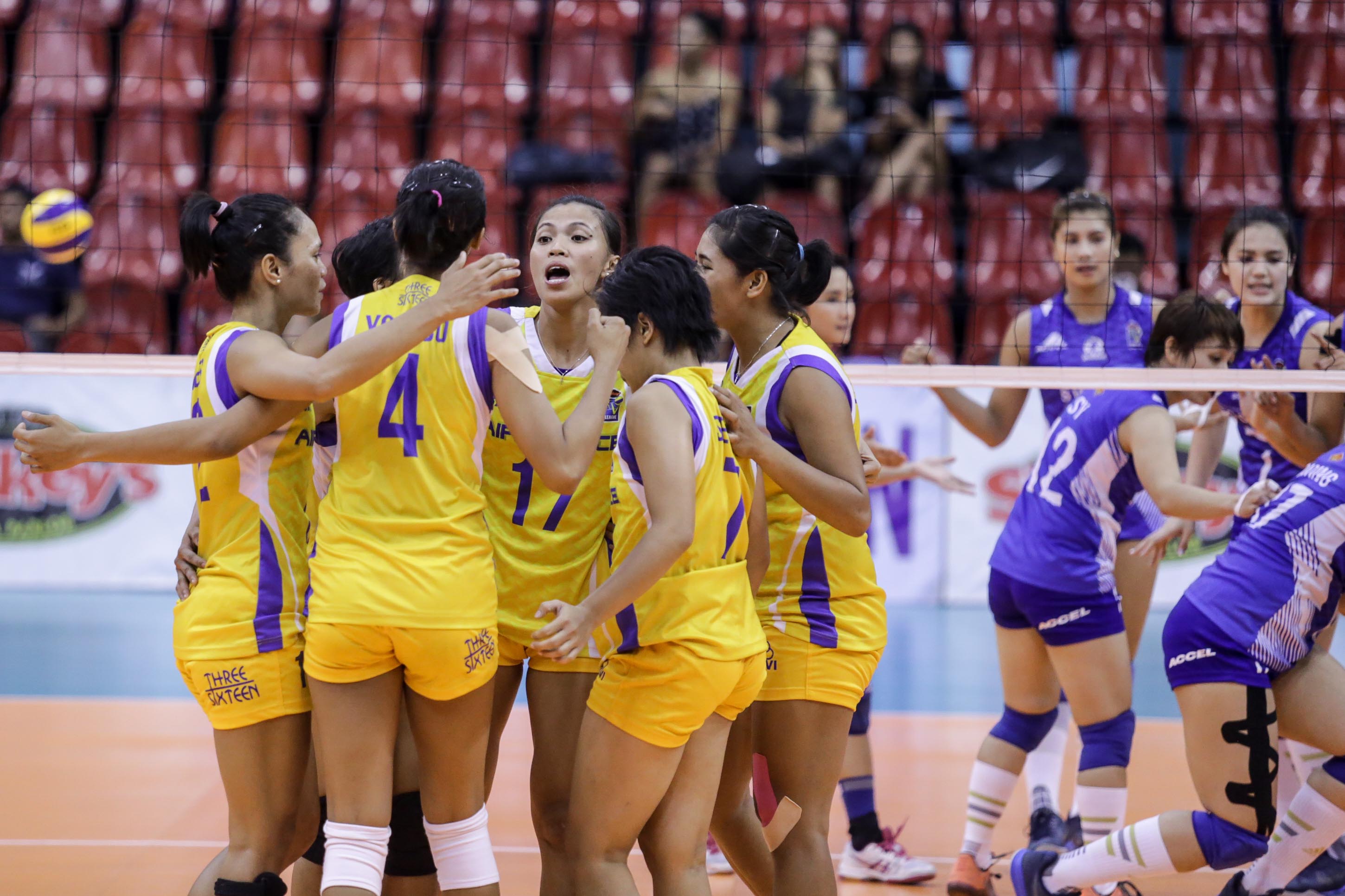 Philippine Air Force celebrates tough win over Pocari Sweat in game 1 of Shakey's V-League Finals. Photo by Tristan Tamayo/INQUIRER.net