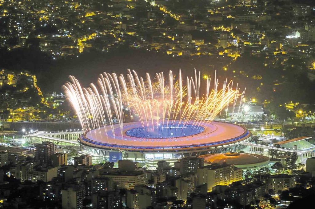 FIREWORKS are seen during a rehearsal of the opening ceremony of the Rio 2016 Olympic Games in Rio de Janeiro. AFP