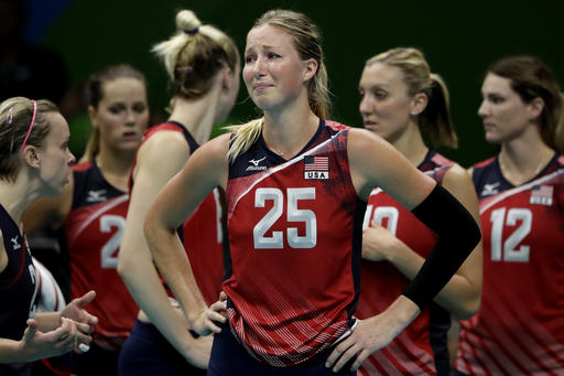 United States' Karsta Lowe and her teammates react after losing a women's semifinal volleyball match against Serbia at the 2016 Summer Olympics in Rio de Janeiro, Brazil, Thursday, Aug. 18, 2016. AP Photo