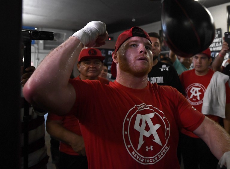 Boxer Canelo Alvarez of Mexico punches the speedbag during his Open Workout at the House of Boxing on August 31, 2016 in San Diego, California. Canelo Alvarez fights Liam Smith of Great Britain for the WBO Junior Middleweight World Championship on September 17, 2016 in Arlington, Texas.   Donald Miralle/Getty Images/AFP