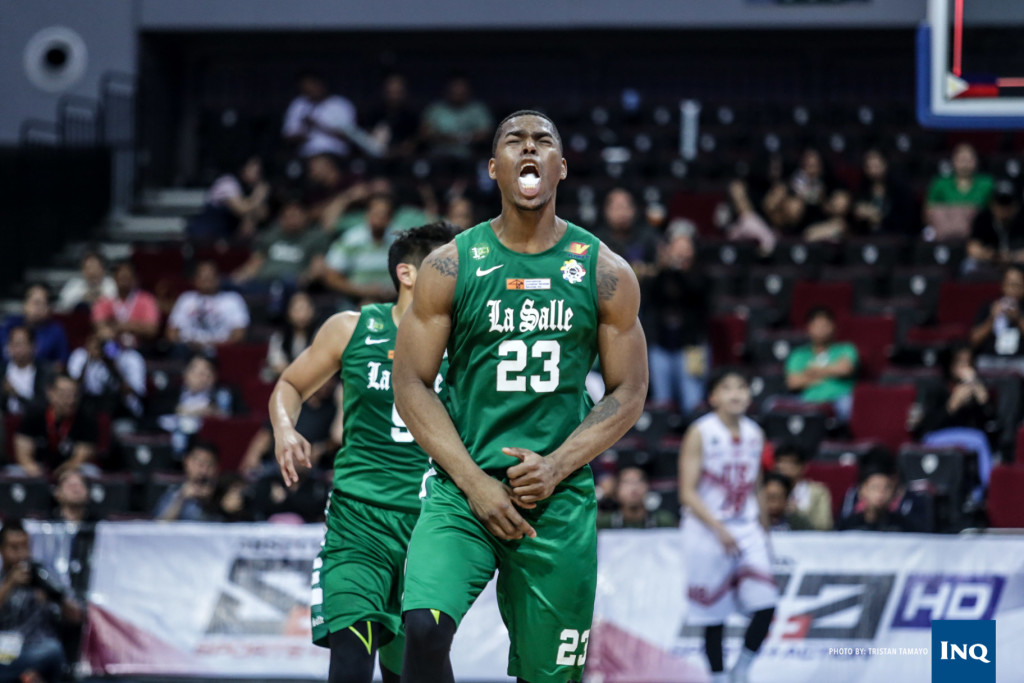 La Salle's Ben Mbala reacts during  Photo by Tristan Tamayo/INQUIRER.net