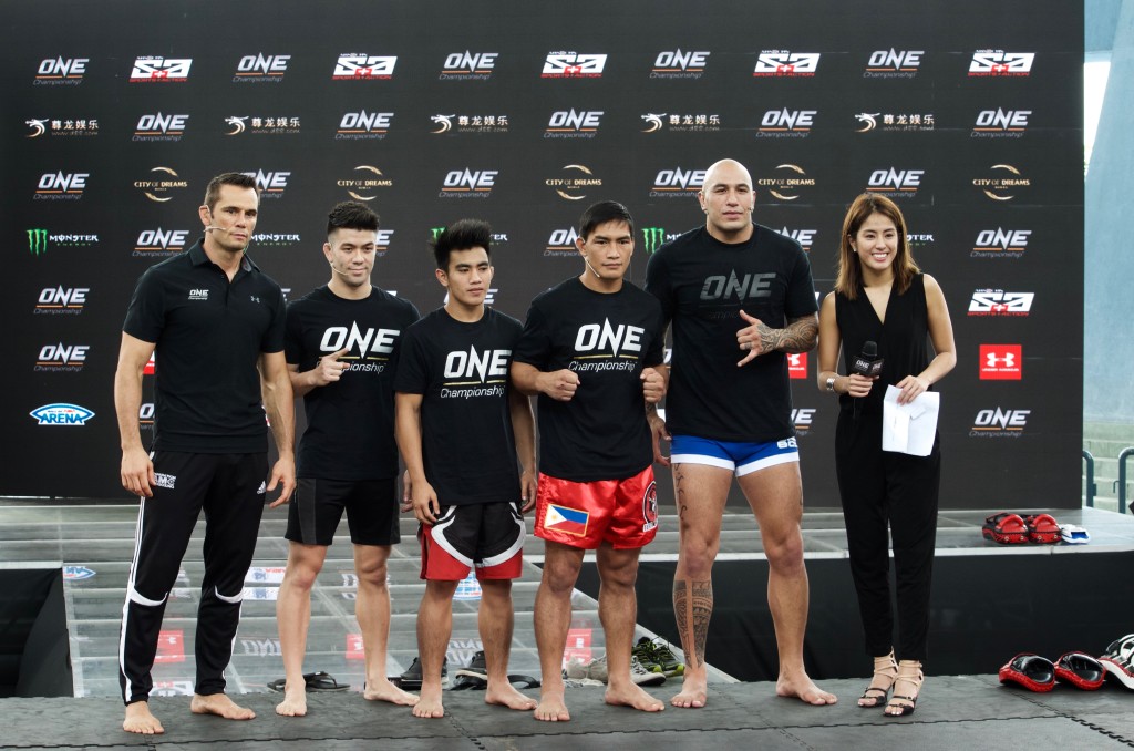 (L-R), MMA Legend Rich Franklin, Mark “Mugen” Stiegl, Joshua Pacio, Eduard “Landsline” Folayang, One Championship Heavyweight Champion Brandon “The Truth” Vera, Gretchen Ho during the One Championship open work out on Tuesday September 27, 2016 at Mall of Asia Music Hall.