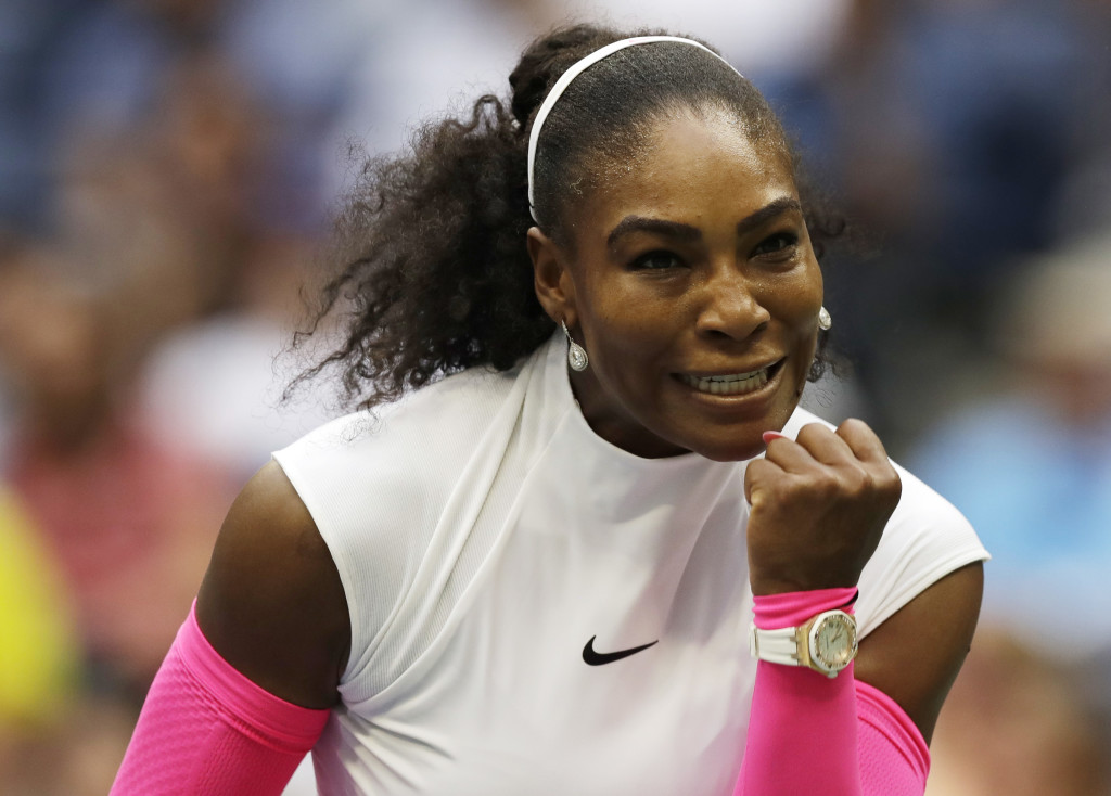 Serena Williams reacts after a point against Yaroslava Shvedova, of Kazakhstan, during the fourth round of the U.S. Open tennis tournament, Monday, Sept. 5, 2016, in New York. (AP Photo/Charles Krupa)