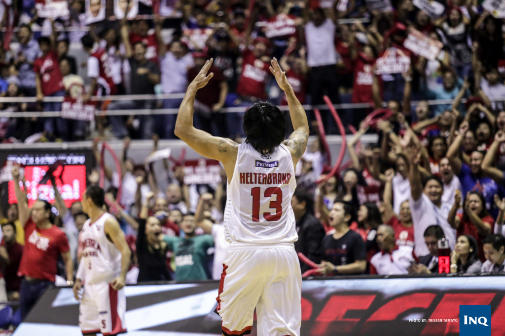 Jayjay Helterbrand celebrates after sparking a fourth-quarter run for Ginebra in the game 4 win. Photo by Tristan Tamayo/INQUIRER.net