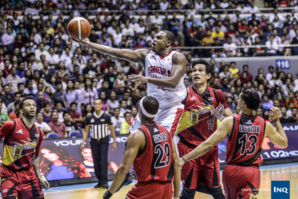 FILE PHOTO - Ginebra's Justin Brownlee goes for a layup as San Miguel's Arwind Santos, June Mar Fajardo and Marcio Lassiter look on. Tristan Tamayo/INQUIRER.net
