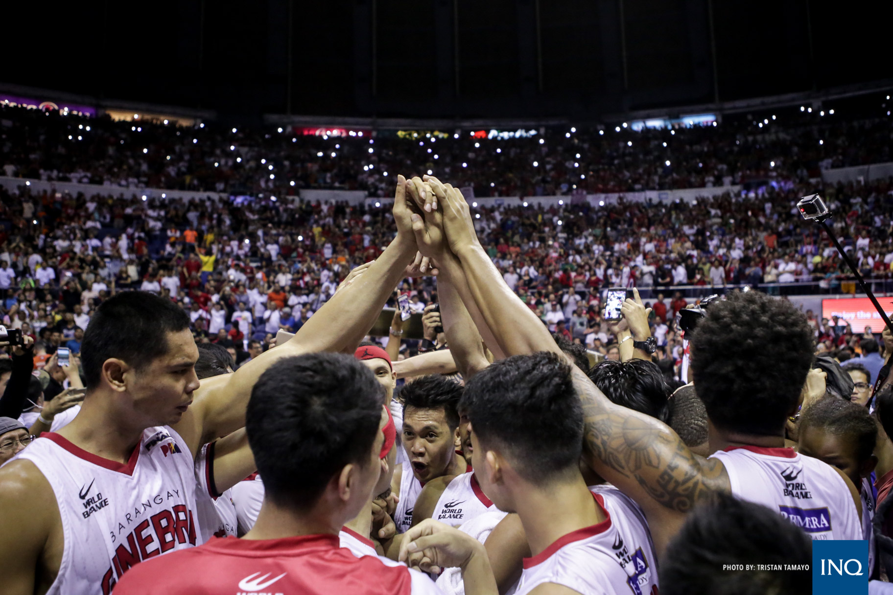 Ginebra celebrates after ending an eight-year title drought and bagging the 2016 PBA Governors' Cup Wednesday. Photo by Tristan Tamayo/INQUIRER.net
