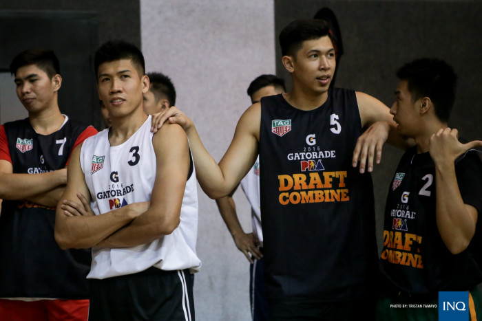 Former teammates Ed Daquioag, left, and Kevin Ferrer, middle, at the 2016 PBA Rookie Draft Combine. Photo by Tristan Tamayo/INQUIRER.net
