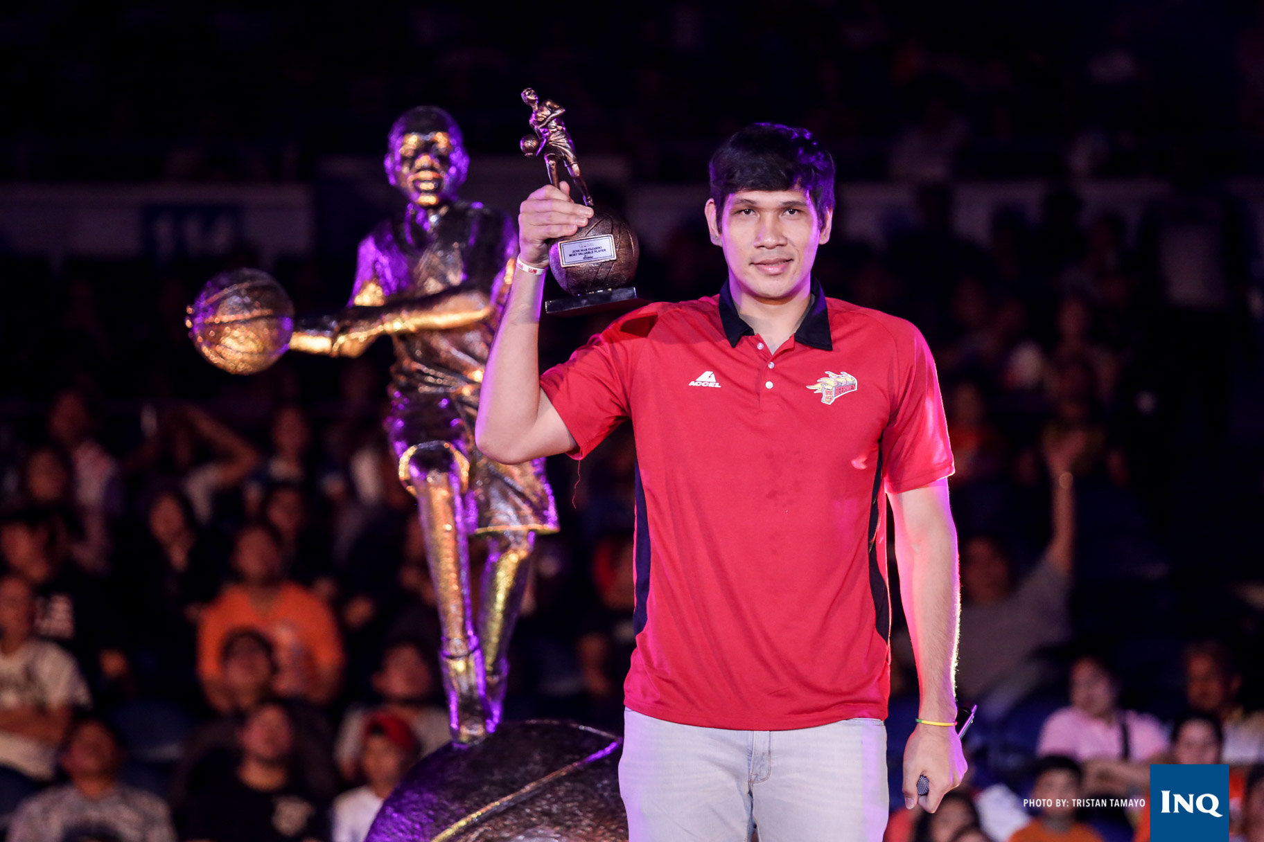 June Mar Fajardo holds up his third MVP trophy. Photo by Tristan Tamayo/INQUIRER.net