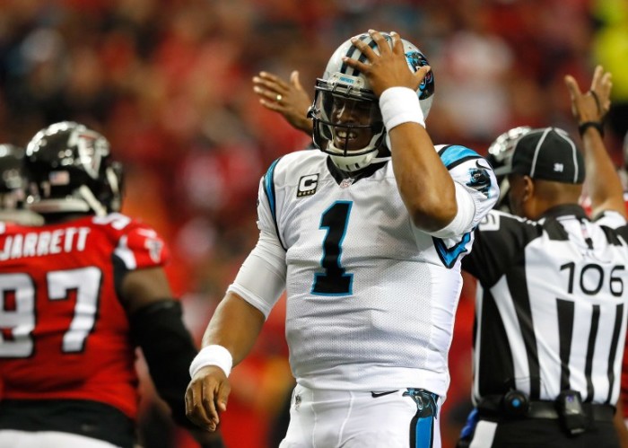ATLANTA, GA - OCTOBER 02: Cam Newton #1 of the Carolina Panthers reacts after being flagged with a taunting penalty against the Atlanta Falcons at Georgia Dome on October 2, 2016 in Atlanta, Georgia.   Kevin C. Cox/Getty Images/AFP