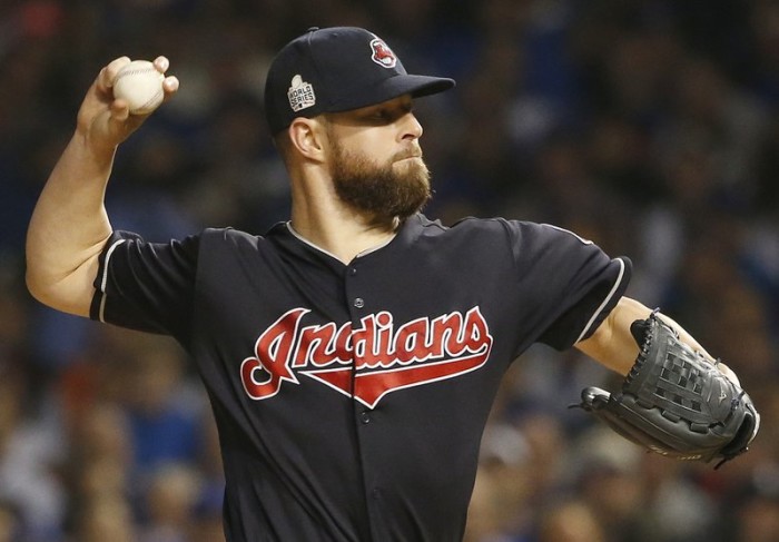 Cleveland Indians starting pitcher Corey Kluber throws during the first inning of Game 4 of the Major League Baseball World Series against the Chicago Cubs, Saturday, Oct. 29, 2016, in Chicago. AP 