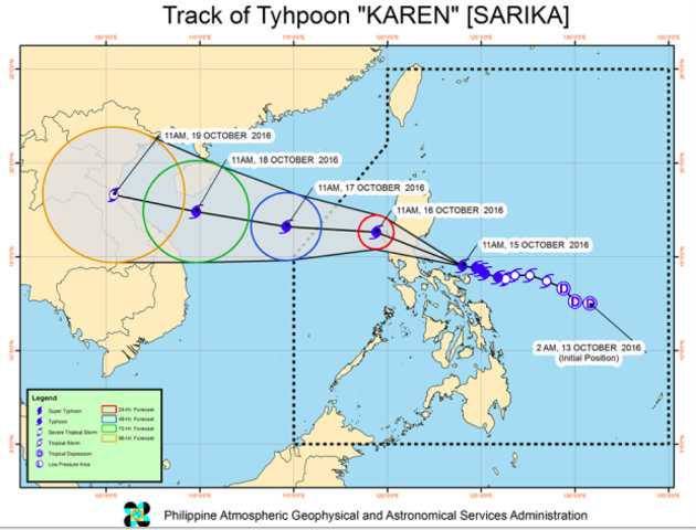 This image from Pagasa’s Facebook page shows the forecast track of Typhoon Karen as of Saturday afternoon.