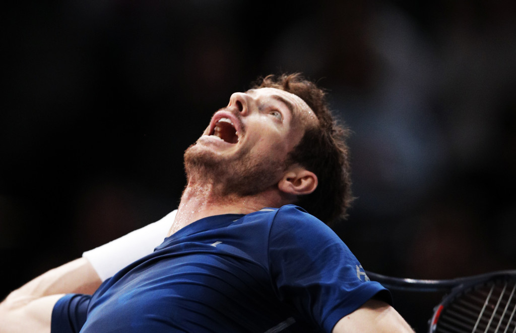 Britain's Andy Murray serves during a training session at the Paris Masters tennis tournament, in Paris, Saturday, Nov. 5, 2016. Andy Murray will hold the No. 1 spot for the first time after reaching the Paris Masters final following Milos Raonic's withdrawal from the tournament. (AP Photo/Christophe Ena)
