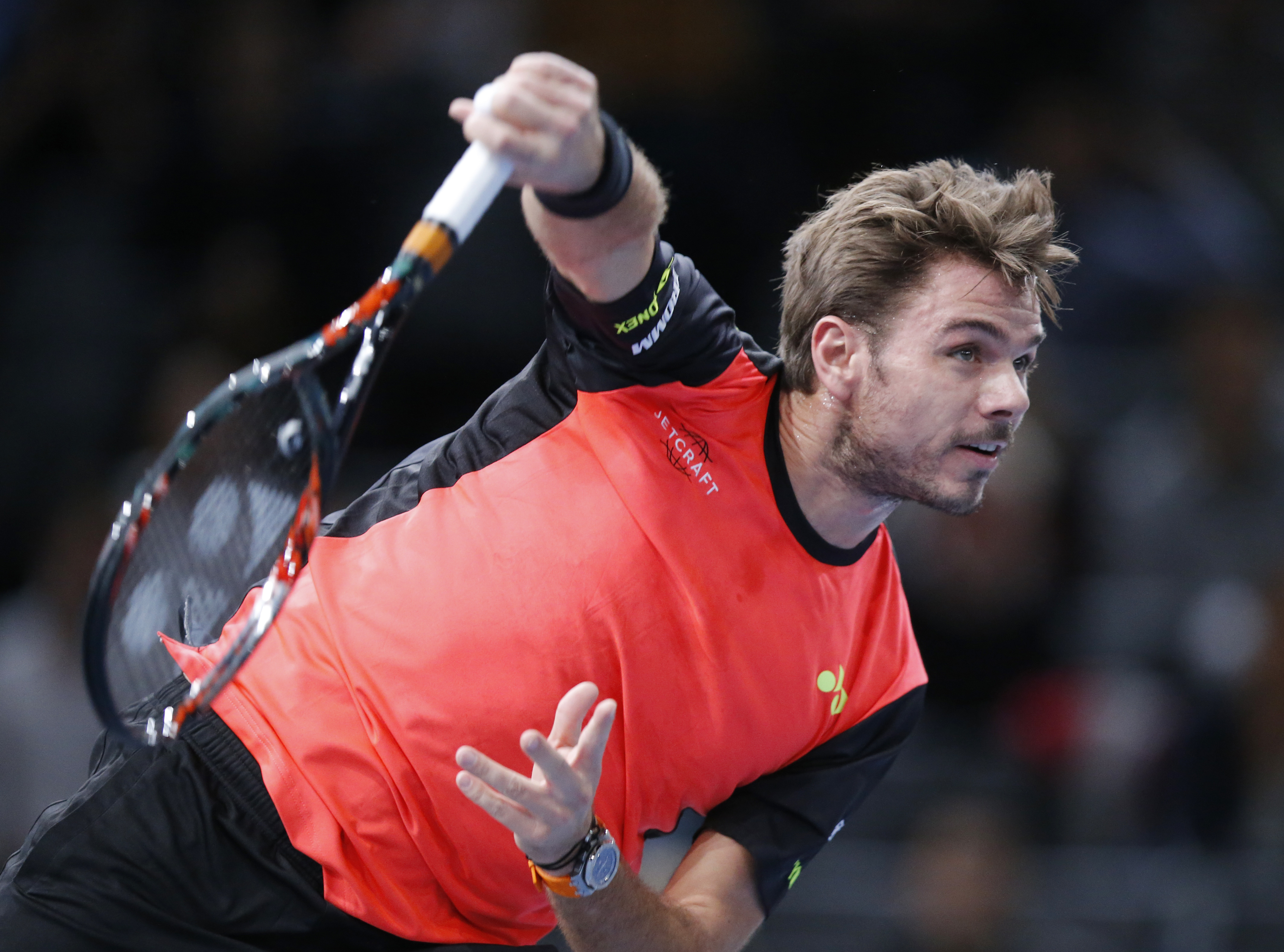 Switzerland's Stanislas Wawrinka returns the ball to Germany's Jan-Lennard Struff during the 2nd round of the Paris Masters tennis tournament at the Bercy Arena in Paris, Wednesday, Nov. 2, 2016. (AP Photo/Michel Euler)