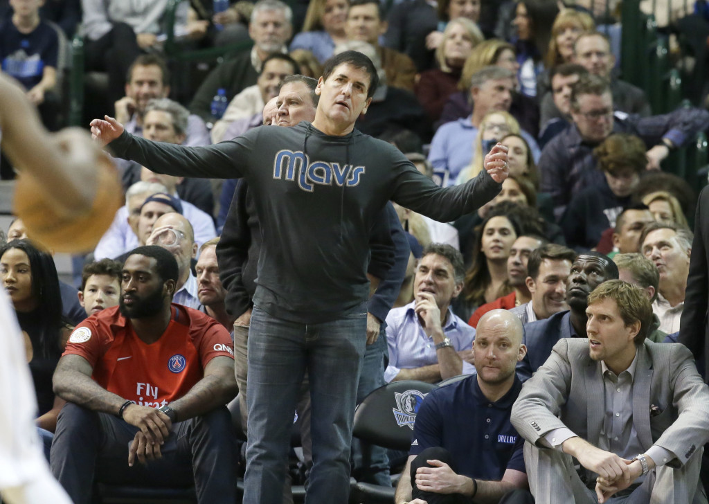 Dallas Mavericks owner Mark Cuban reacts to a call during the second half of an NBA basketball game between the Mavericks and San Antonio Spurs in Dallas, Wednesday, Nov. 30, 2016. AP