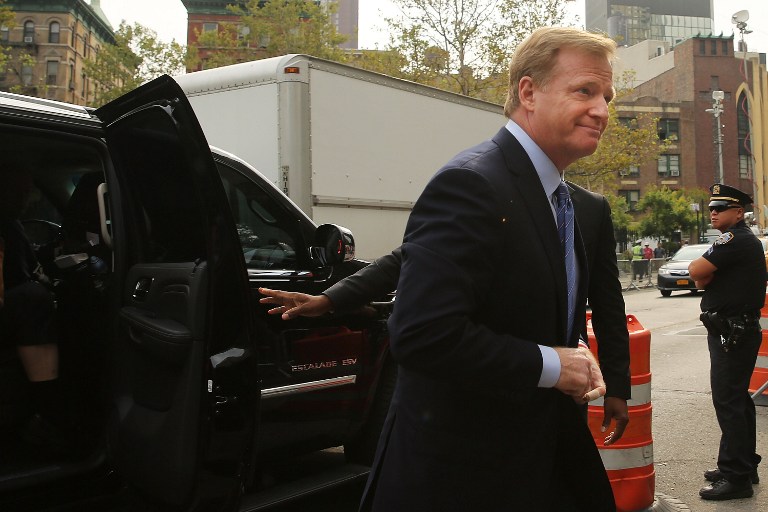 NFL Commissioner Roger Goodell arrives at federal court for a lawsuit over Quarterback Tom Brady of the New England Patriots' four game suspension on August 31, 2015 in New York City. U.S. District Judge Richard Berman has required NFL commissioner Roger Goodell and Brady to be present in court when the NFL and NFL Players Association reconvene their dispute over Brady's four-game Deflategate suspension.   Spencer Platt/Getty Images/AFP