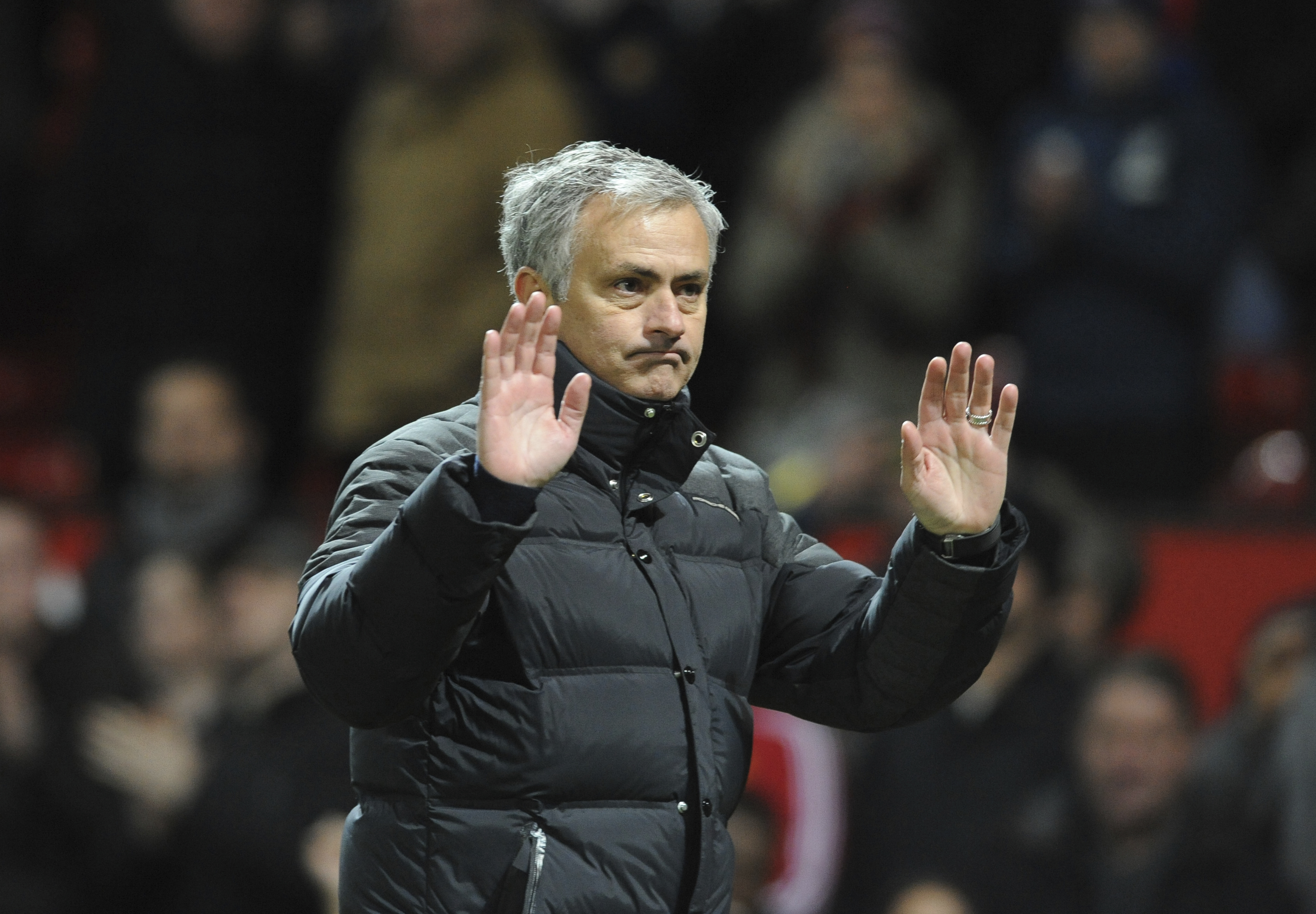 Manchester United manager Jose Mourinho waves to fans after the final whistle during the English Premier League soccer match between Manchester United and Sunderland at Old Trafford in Manchester, England, Monday, Dec. 26, 2016. AP