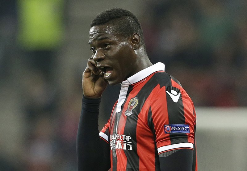 FILE- In this Thursday, Nov. 3, 2016 file photo, Nice's forward Mario Balotelli, of Italy, reacts during the Europa League group I soccer match between OGC Nice and FC Salzburg, in Nice stadium, southeastern France. Nice striker Mario Balotelli’s teammate Alassane Pleas has confirmed he heard Bastia supporters racially abusing Balotelli with monkey chants during the league match on Friday, Jan. 20, 2017. AP