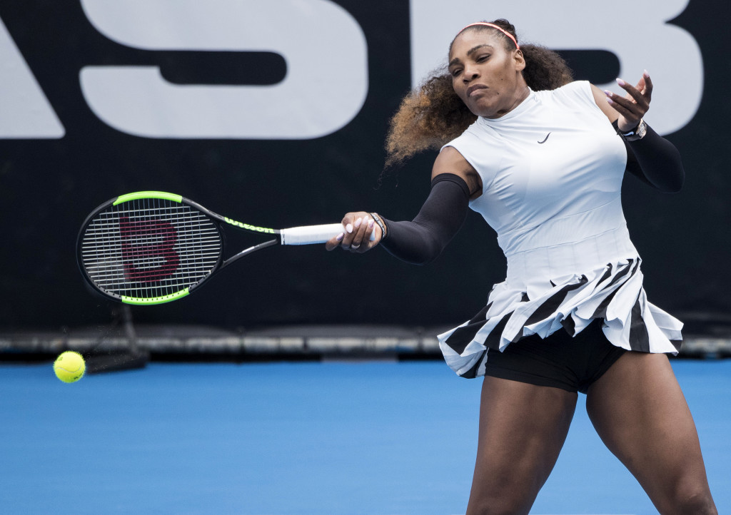 United States' Serena Williams hits a forehand during her first round match against Pauline Parmentier of France at the ASB Classic tennis tournament in Auckland, New Zealand, Tuesday, Jan 3, 2017. Williams won in straight sets 6-3, 6-4. (Jason Oxenham/New Zealand Herald via AP)