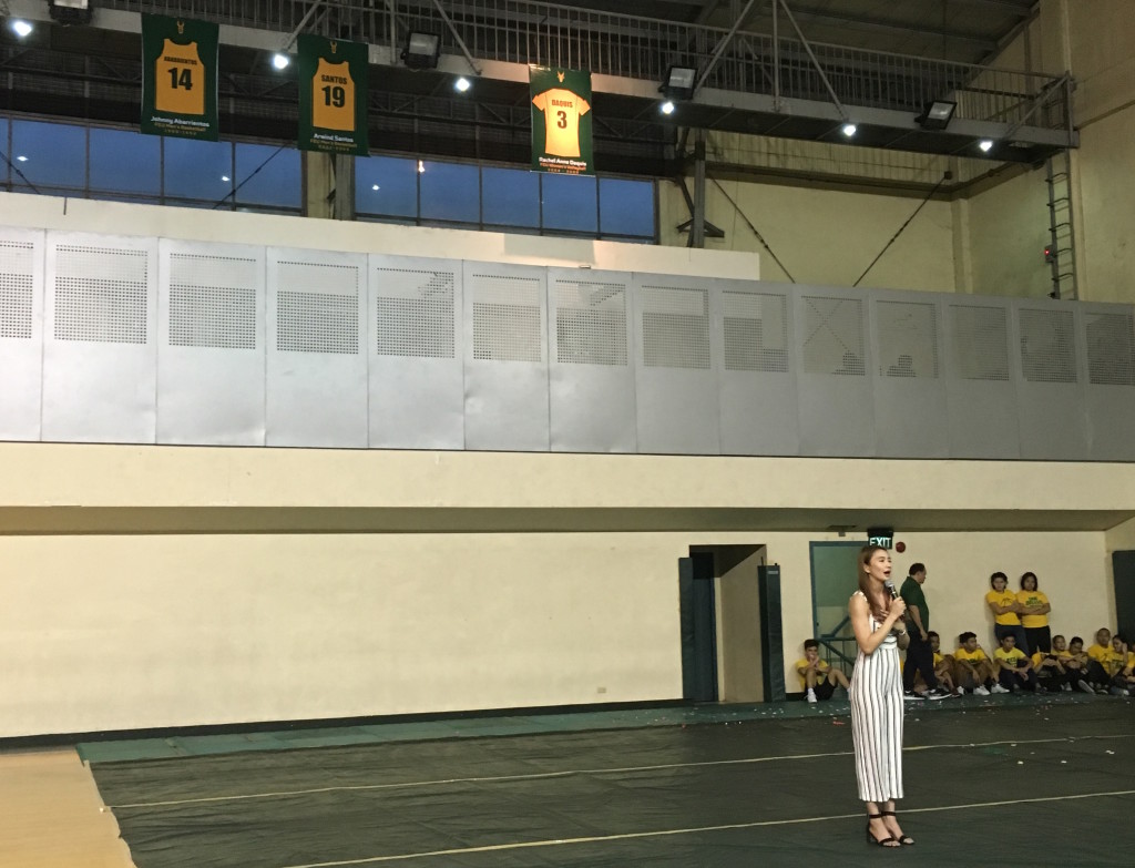 Rachel Anne Daquis gives a speech during her jersey retirement ceremony at FEU Gym in Manila. Mark Giongco/INQUIRER.net