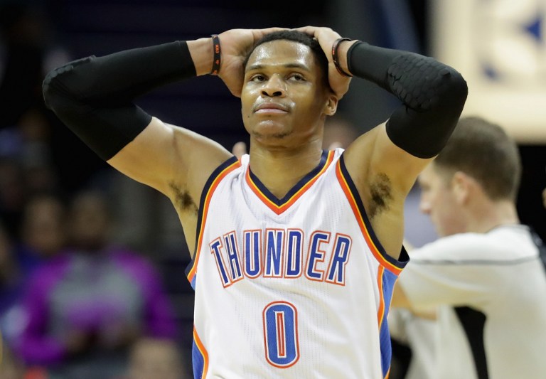 CHARLOTTE, NC - JANUARY 04: Russell Westbrook #0 of the Oklahoma City Thunder reacts after a play as the Charlotte Hornets win 123-112 during their game at Spectrum Center on January 4, 2017 in Charlotte, North Carolina. Streeter Lecka/Getty Images/AFP
