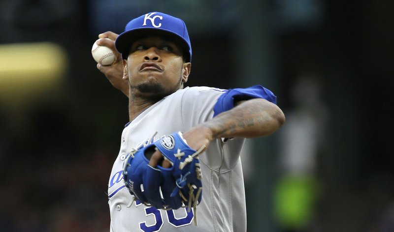 FILE - In this Thursday, July 28, 2016, file photo, Kansas City Royals starting pitcher Yordano Ventura throws during the first inning of a baseball game against the Texas Rangers in Arlington, Texas. Authorities in the Dominican Republic said Sunday, Jan. 22, 2017, that Ventura and former major leaguer Andy Marte both have died in separate traffic accidents. AP