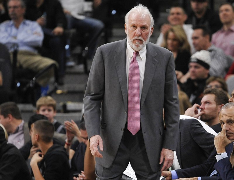 San Antonio Spurs head coach Gregg Popovich watches play during the second half of an NBA basketball game against the Philadelphia 76ers, Thursday, Feb. 2, 2017, in San Antonio. (AP Photo/Darren Abate)