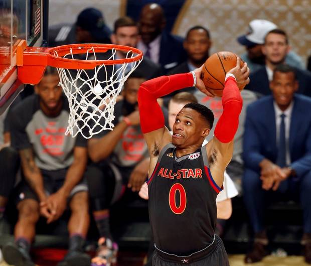 Western Conference guard Russell Westbrook, of the Oklahoma City Thunder, dunks during the first half of the NBA All-Star Game in New Orleans, Sunday, Feb. 19, 2017. (AP Photo/Max Becherer)