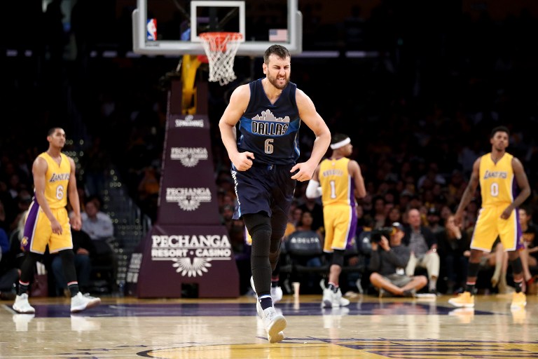 Andrew Bogut #6 of the Dallas Mavericks reacts to scoring during the second half of a game against the Los Angeles Lakers at Staples Center on November 8, 2016 in Los Angeles, California.NOTE TO USER: User expressly acknowledges and agrees that, by downloading and or using this photograph, User is consenting to the terms and conditions of the Getty Images License Agreement.   Sean M. Haffey/Getty Images/AFP