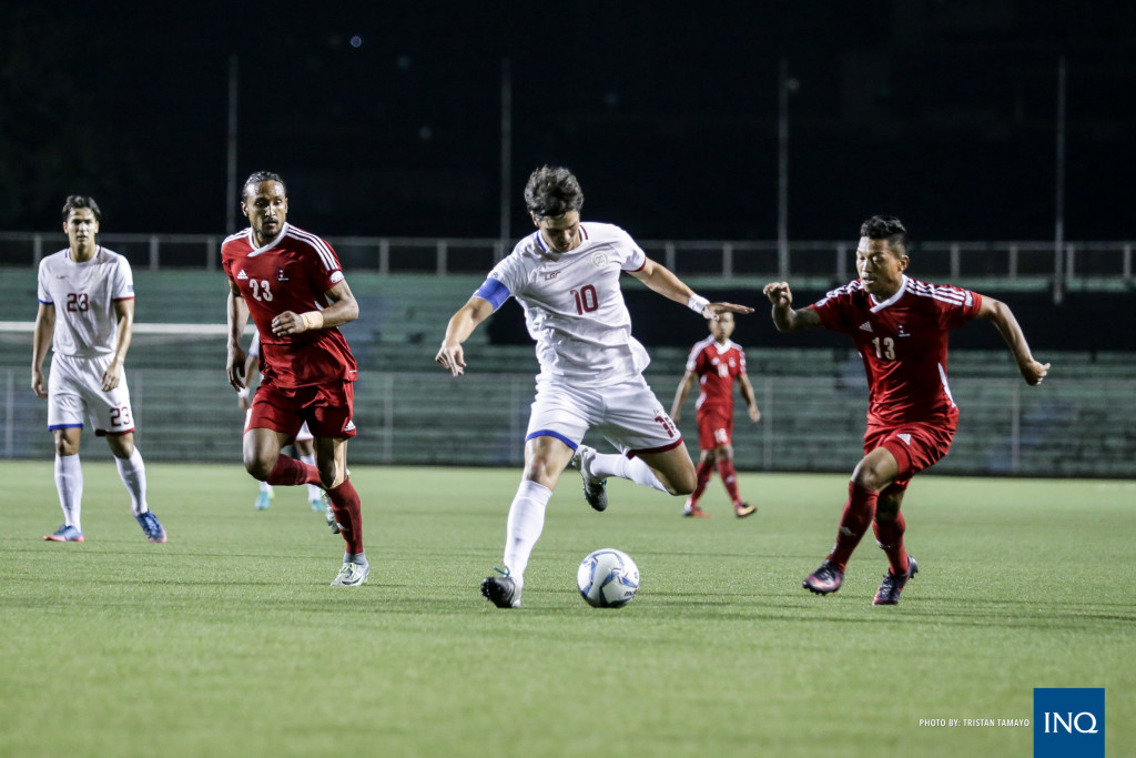 Phil Younghusband fires a shot in the Philippine Azkals' 2019 AFC Asian Cup qualifying opener against Nepal. Photo by Tristan Tamayo/ INQUIRER.net
