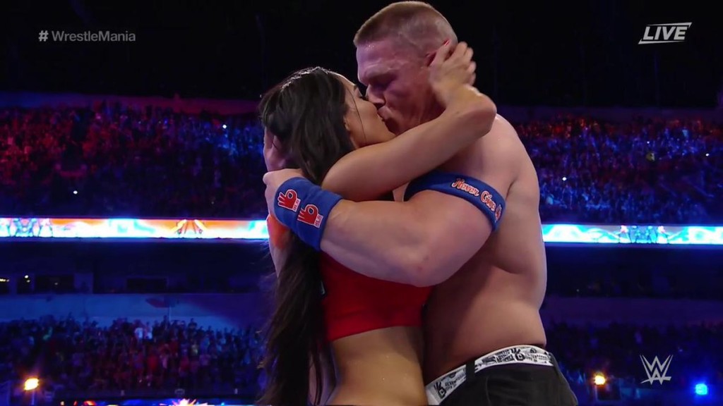 John Cena and Nikki Bella seal their fate with a kiss at WrestleMania 33. Photo by WWE.com