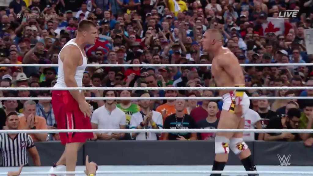 Rob Gronkowski helped Mojo Rawley win the Andre the Giant Memorial Battle Royal. Photo by WWE.com