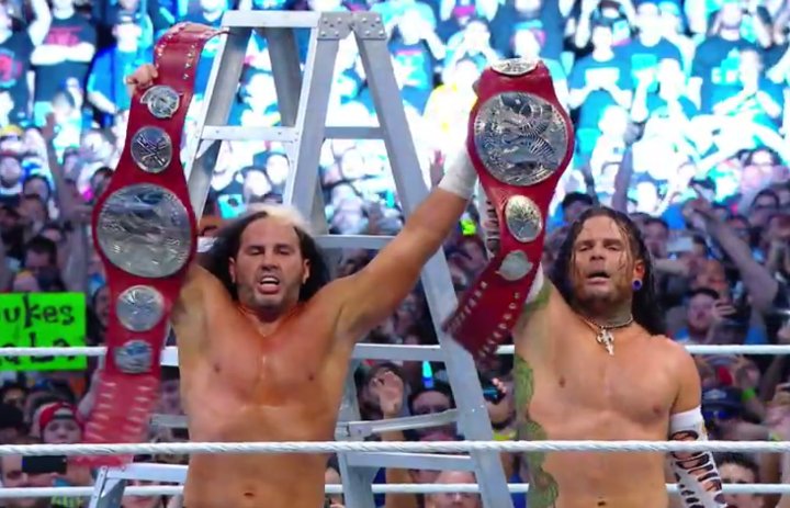 The Hardy Boyz made their shocking return and won the Raw Tag Team titles at WrestleMania 33. Photo by WWE.com