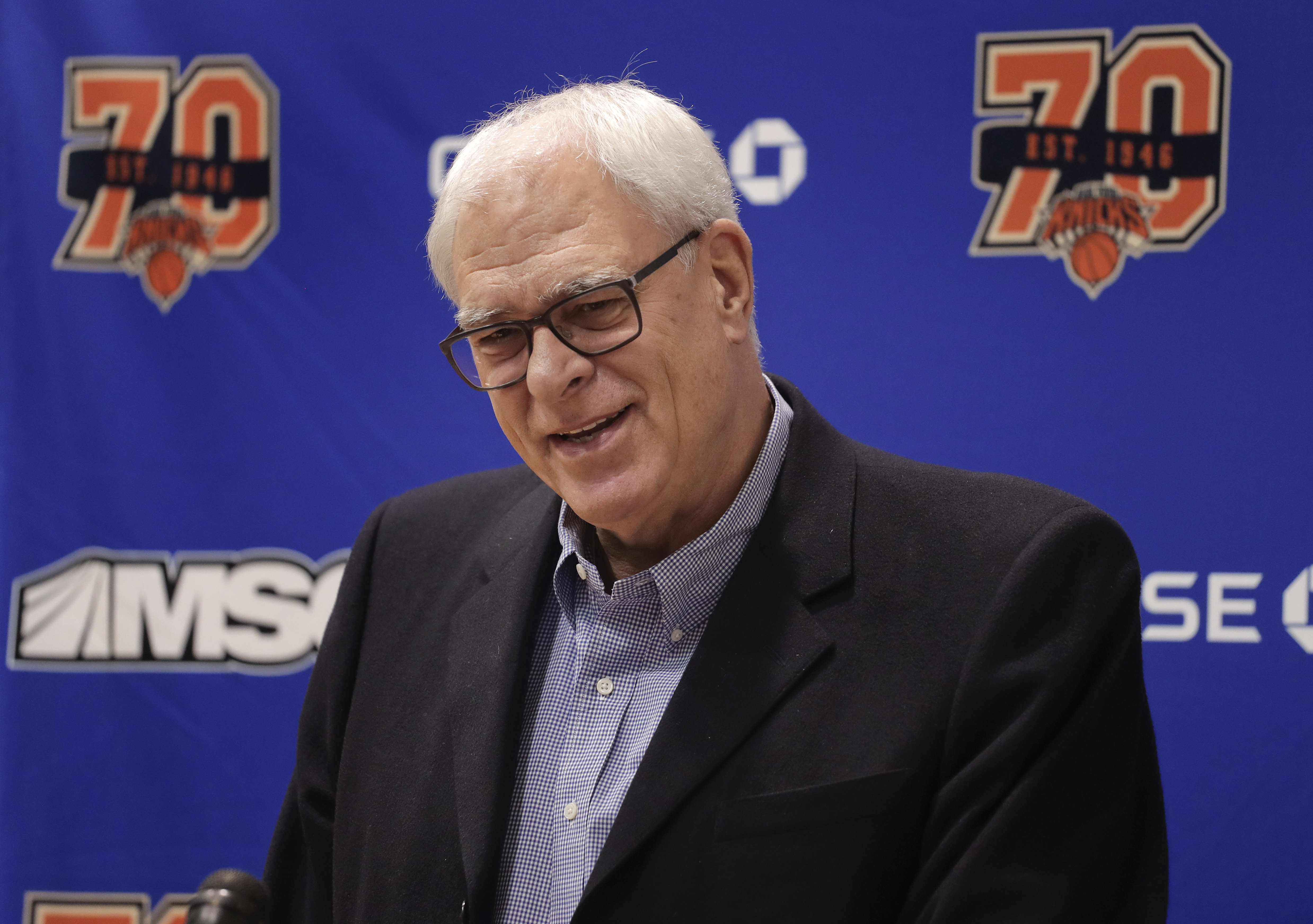 New York Knicks president Phil Jackson answers questions during a news conference at the team's training facility, Friday, April 14, 2017, in Greenburgh, N.Y. (AP Photo/Julie Jacobson)