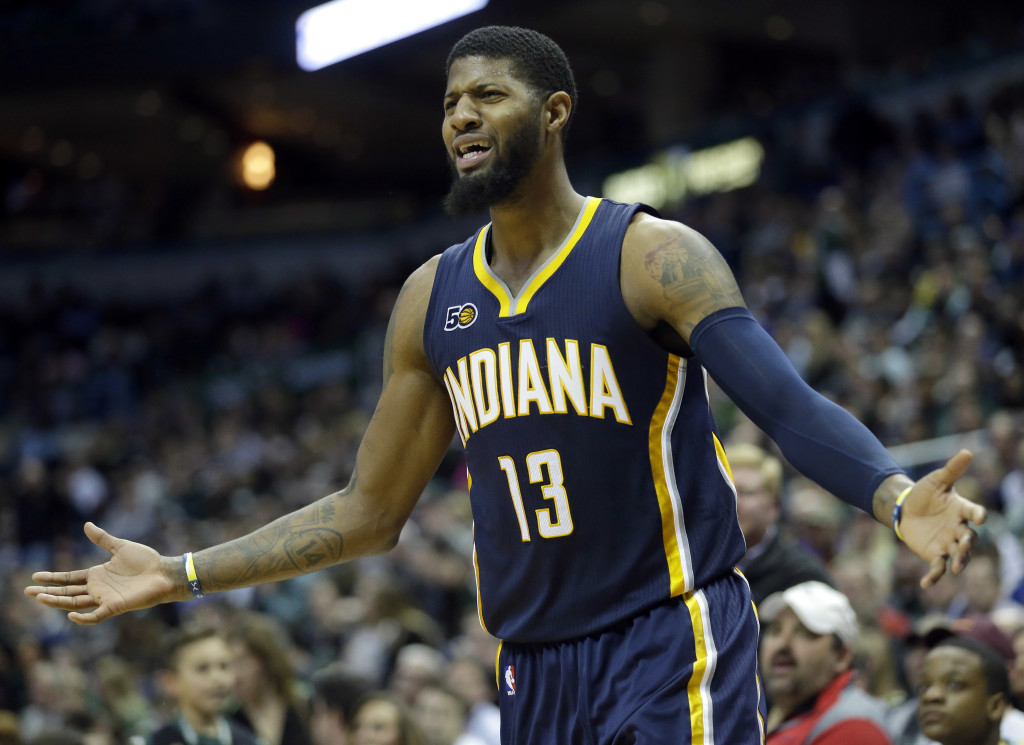 FILE - In this March 10, 2017, file photo, Indiana Pacers' Paul George reacts to a call during the second half of an NBA basketball game against the Milwaukee Bucks, in Milwaukee. Paul George isn't happy. He's upset that the Pacers have to fight their way back from a 2-0 deficit against LeBron James and the Cleveland Cavaliers. And he's upset about what put the Pacers in this hole _ the play of his teammates. (AP Photo/Aaron Gash, File)
